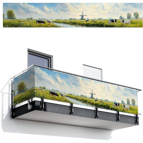 PANTALLA DE PRIVACIDAD PARA BALCÓN Vacas - Molino - Pradera - Azul 500x90 (1/4)
