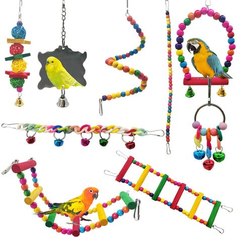Lot de 7 jouets suspendus pour oiseaux, balançoire et perchoir colorés pour perroquets et perruches (1/5)