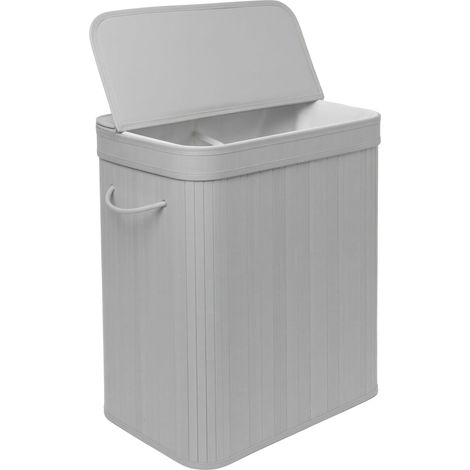 Relaxdays Laundry Hamper with Lid, Bamboo, 100 l, 2 compartments, HxWxD: 63 x 52 x 32 cm, Bathroom, Grey