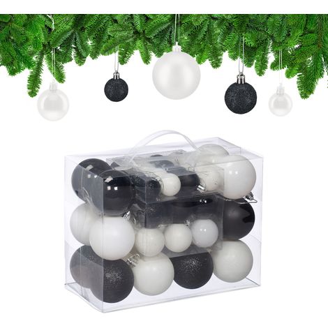 Relaxdays Palline di Natale, Set 50 Palle Albero, Addobbi Natalizi, Opache, Lucide e Glitter, ∅ 3, 4 e 6 cm, Nero Bianco