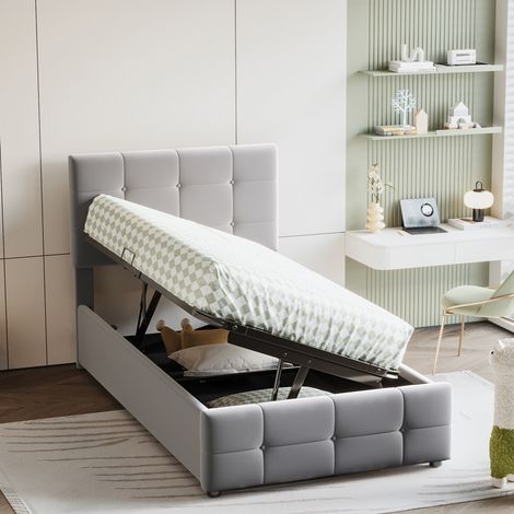Lit enfant 90/200 cm gris en velours avec rangement hydraulique (1/5)