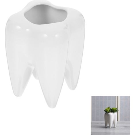 Pot De Fleurs Céramique Forme Dent Conteneur Décoratif pour Plantes Organisateur De Bureau Unique pour Décoration Maison Et Bureau Blanc (1/5)