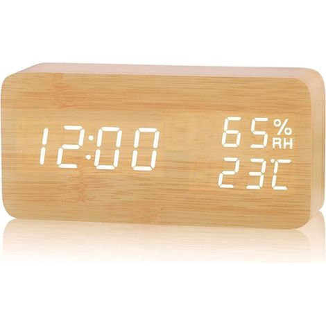LED Réveil Électronique en Bois, Horloge Numérique avec 3 Réglages d'Alarme, Numérique Réveil Alimenté par USB Affichage de l'Heure, de la Température et de l'Humidité,12/24 Heure (1/5)