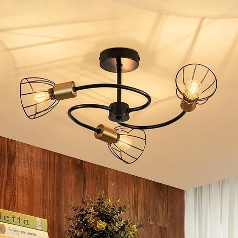 GBLY Lampe Plafonnier Noire Vintage Métal 3 Ampoules E14 Industrielle Suspension Pour Salon Cuisine Couloir Chambre Salle à Manger