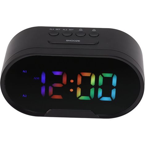 Horloge numérique LED avec alarme, grands chiffres, affichage couleur, luminosité réglable, volume ajustable, style minimaliste, 2 alarmes, idéale pour les enfants et les étudiants (noir). (1/5)