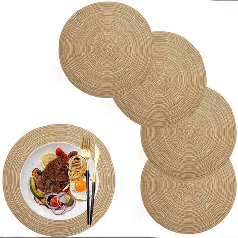 Juego de 5 manteles individuales redondos de PP tejido, de 38 cm de diámetro, color caqui, antideslizantes, resistentes al calor, para cocina, comedor y fiestas. (1/5)