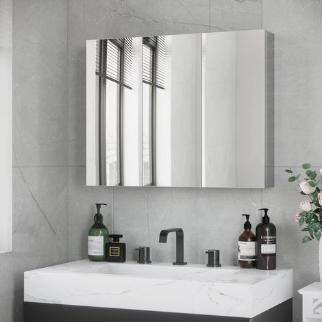 Armario de baño con espejo (70x12x55 cm), 3 puertas espejadas, montaje en pared, acero inoxidable, plata (1/5)