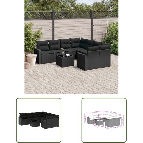 The Living Store 9-tlg. Garten-Sofagarnitur mit Kissen Schwarz Poly Rattan - Gartenmöbel - PE-Rattan Möbel - Outdoor Sofa - Esstisch Set - Lounge Set (1/3)