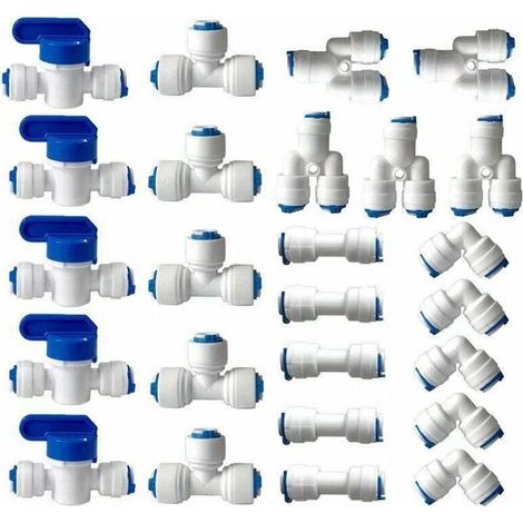 Raccord Osmoseur de filtre à eau, Raccord Droit 1/4" (6MM) Pushfit pour Tuyau de Filtre à Eau, Raccords pour Réfrigérateur Tubes de (Robinet Combiné de Type Y + T + I + L + Robinet d\'Arrêt)25 pièces (1/4)