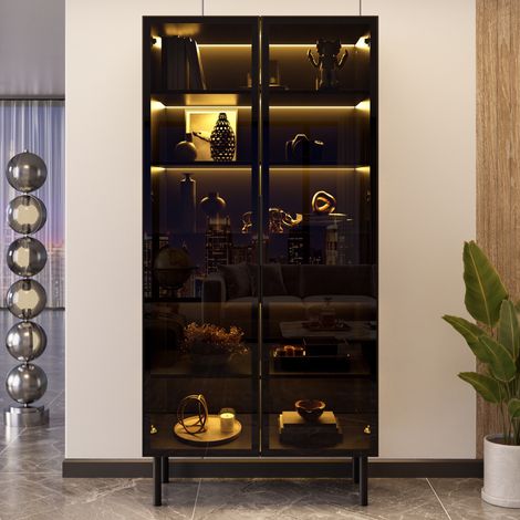 Vitrina de salón con puertas de cristal - 70x36x170 cm - Iluminación led controlable por app y 2 cajones armario moderno de mdf - Negro (1/5)