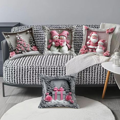 Lot de 4 housses de coussin de Noël roses, taies d'oreiller de Noël 45 x 45 cm, décoration de Noël pour canapé et chambre (1/5)