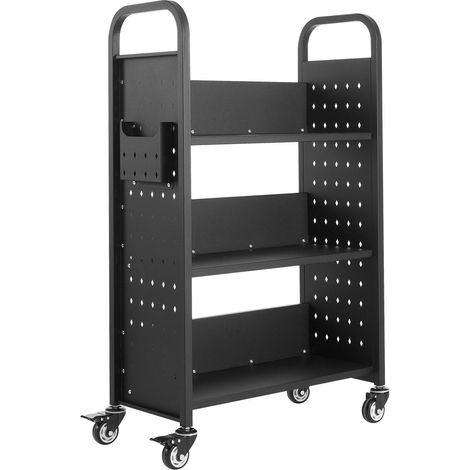 Chariot de bibliothèque à roulettes noir 150 kg, dimensions 77x38x122 cm, étagères L un seul côté, roues verrouillables, idéal maison bureau école (1/5)