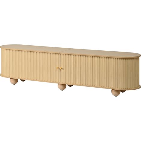 Meuble TV bas en MDF avec portes coulissantes à motif lamellé vertical, pieds sphériques, couleur naturelle (1/5)