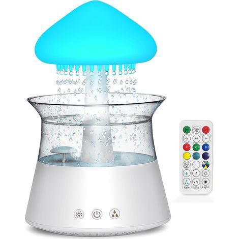 Humidificateur nuage avec télécommande, bruit de pluie, veilleuse cascade. Pour chambre et bureau. (1/5)