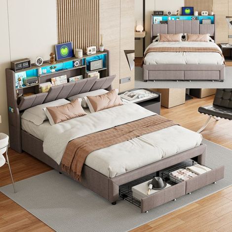 Doppelbett TANANT 160x200 cm - Graues Leinen - Kopfteil mit Stauraum - 2 Schubladen - Integrierte LED