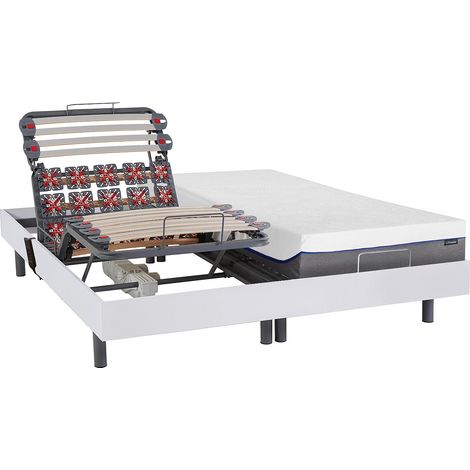 Vente-Unique – Lit électrique de relaxation 2 x 80 x 200 cm – Matelas mémoire de forme – Technologie lattes et plots – Blanc – 5 ans de garantie