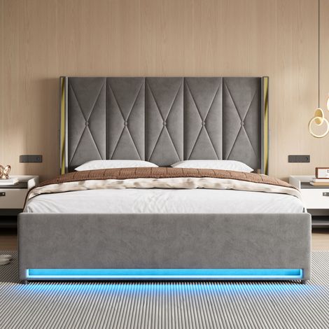 Lit velours avec tête de lit haute matelassée et rembourrée, rangement sous lit spacieux, système hydraulique, poches latérales, USB et LED – design, confort et praticité. 180x200 cm (1/5)
