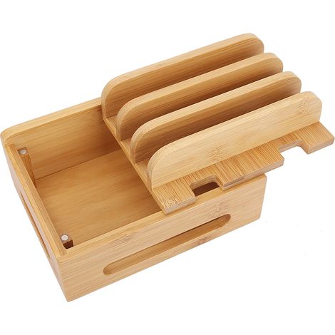 Support téléphonique et tablette en bambou, station de charge multi-appareils avec rangement de câbles, organiseur de bureau pour smartphone et iPad, support réglable et stable. (1/5)