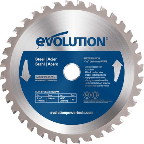 Lame acier TCT 185mm 40 dents alésage 20mm Evolution pour scie circulaire