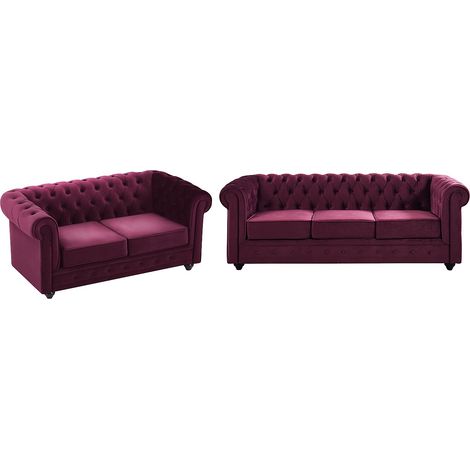 Canapés 3 places et 2 places en velours pourpre CHESTERFIELD
