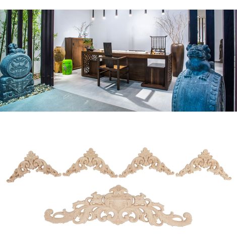 Set aus 5 Teilen, bestehend aus Eckverzierungen aus Gummibaumholz im europäischen Stil mit floralen Motiven sowie dekorativen Accessoires für Schranktüren. (1/5)