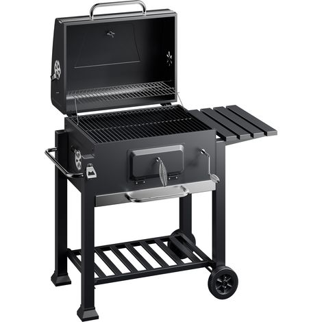Wiltec Barbacoa carbon vegetal móvil con tapa, estante, trampilla, altura de brasas regulable, termómetro, grill asador parrilla BBQ