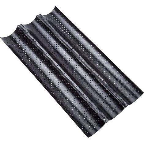 Moule à baguette antiadhésif, plaque perforée pour 3 pains, qualité haute (38x24,5x2,4 cm, noir).