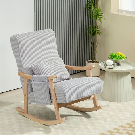 Silla Mecedora de Pana con Patas y Reposabrazos de Madera de Caucho Cojín Lumbar y Bolsillo Carga 120 kg Gris (1/5)