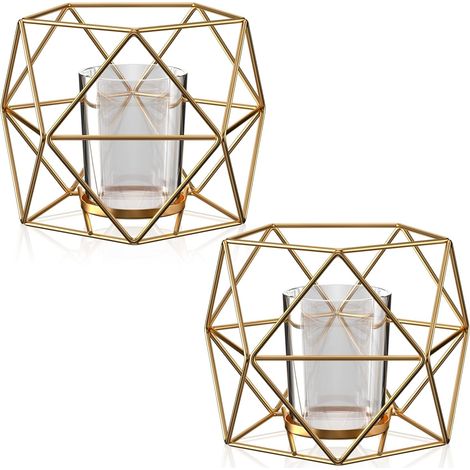 Lot de 2 Bougeoir Géométriques en Métal, Doré Support Bougie, Vintage Chandelier Décoratif, Bougeoirs Pilier pour Centre de Table de Mariage, Bougies Chauffe Plat, Cérémonie Décoration, Fête