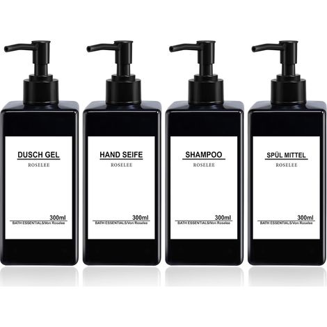 Distributeur de Savon Liquide Noir 300ml 4Pièces Distributeur de Savon Salle de Bain en Plastique Distributeur de Gel Douche Rechargeable pour Lotion Shampooing Douche, avec Entonnoir, étiquette'Noir 