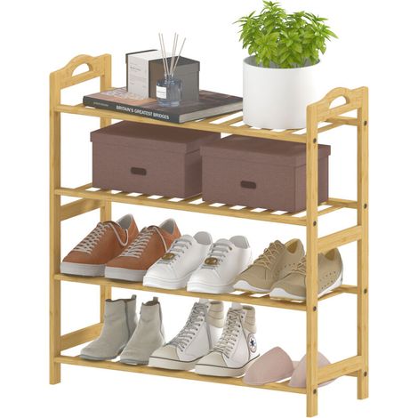 Étagère à chaussures en bambou à 4 niveaux porte-chaussures capacité 12 paires. 67.5 x 24.7 x 72 cm. effet bois naturel (1/4)