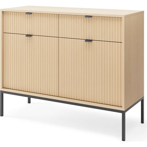 Commode : 2 Tiroirs, 2 Portes, chêne Vincenza, Noir, 104 x 83 x 39 cm, poignées Noires (1/5)