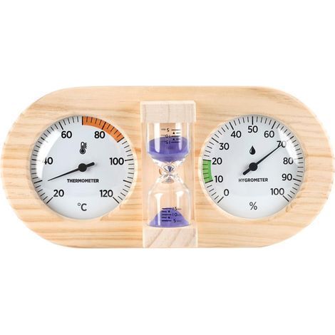 1 Thermomètre Hygromètre Sablier Bois Pin 3 En 1 Pour Sauna Intérieur Garage (1/5)