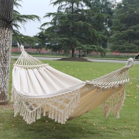 Filiyano-Hamac en toile avec pompons pour le camping en plein air, balançoires simples et doubles pour une utilisation en intérieur (1/4)