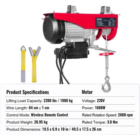 Treuil Électrique Sans Fil, Capacité de 2200 lbs, Hauteur de Levage de 40 pieds, 220V 2200lbs (1/2)