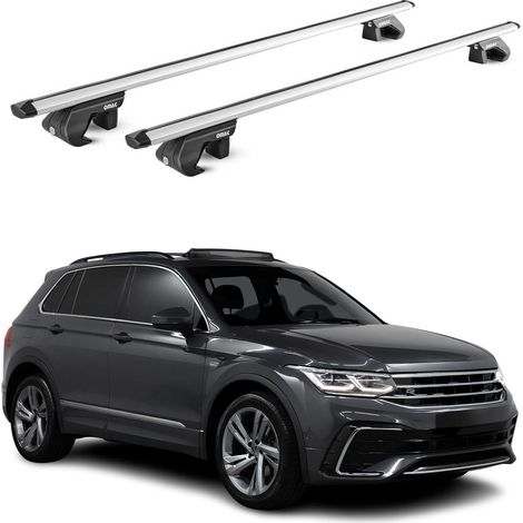 OMAC Barres de toit aluminium certifiées TÜV pour VW Tiguan Allspace II 2016-2023 – Pour rails de toit standards – Rainure en T – Charge max 90 kg – 2 antivols Argent (1/4)