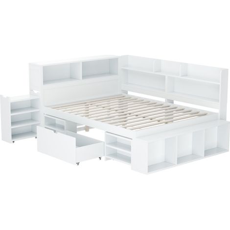 Letto per bambini 140x200 cm bianco con cassetti, libreria e vani contenitore (1/5)