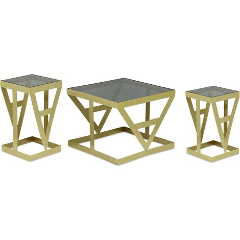 Ensemble de 3 tables d'appoint Amstra en Verre fumé et Métal Or
