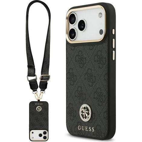 Coque Guess 4G Strass Logo & Large Strap avec boutons métalliques et MagSafe pour iPhone 17 Pro Max noir