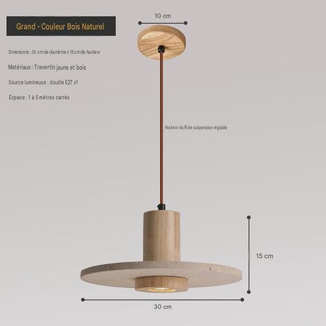 Suspension Y grand format bois naturel, pierre travertin noyer, E27 220V, LED chaud