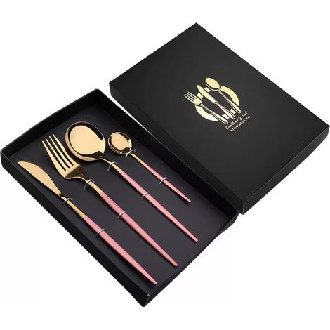 (Ensemble de 4 pièces - Or rose) Ensemble de couverts en acier inoxydable comprenant un couteau, une fourchette et une cuillère. (1/4)