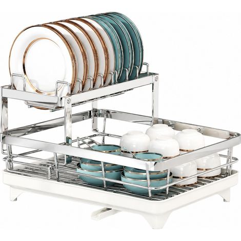 Égouttoir à vaisselle double couche à fixation latérale, argenté, panier d'égouttage, acier au carbone, rangement pour plan de travail (1/4)