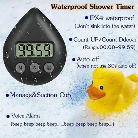 Minuteur de douche silencieux, sans tic-tac, alimenté par piles, minuteur numérique, noir. (1/5)
