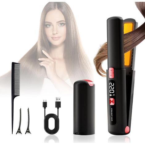 Fer à Cheveux Sans Fil 2 en 1 Mini Fer à Cheveux Portable Rechargeable USB Chauffage Rapide, 6 Température Réglable, Plaque de Voyage Cheveux (1/5)