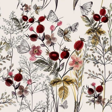 Papier Peint Fleuri Fruits Crème Beige Papier Peint Fleur Papillon Aquarelle Papiers Peints Floral Grenade Rouge Adhesif Mur[BI92] (1/5)