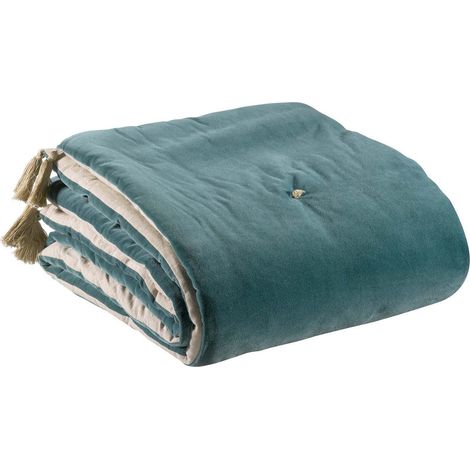 Édredon à Pompons Vert-de-Gris 80 x 180 cm - Jeté de Lit Chaud Enveloppe 100% Coton - PANGIVO (1/3)