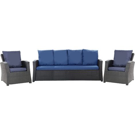 Set coussins pour salon de jardin résine tressée 5 personnes, coussins pour canapé 150x50x7cm, coussins pour fauteuil de jardin 2x50x56cm Marine (1/5)