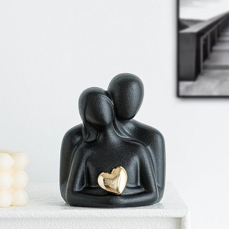 1 Statue de couple, Céramique abstraite, Cœur doré, Décoration salon, Cadeau Saint-Valentin (1/5)