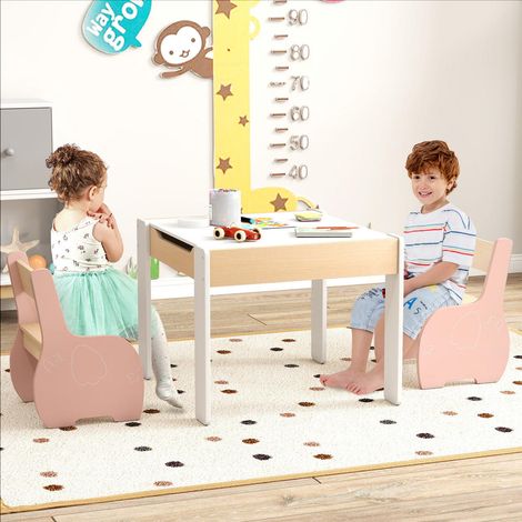 Pour chambre d'enfant et garderie, table enfant avec 2 chaises favorise le rangement grâce au plateau réversible rose (1/5)