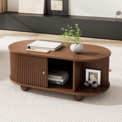 DESMIU Table Basse Ovale avec 1 porte coulissante et grand espace de rangement pour Salon en MDF couleur noyer 100 × 50 × 40 cm (1/5)